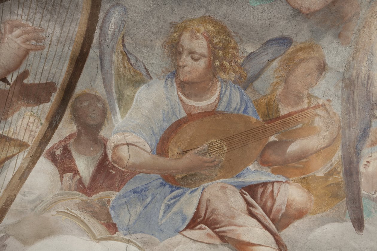 Enkelit, muusikkoenkeleitä ja puttoja, yksityiskohta Paratiisista ikuisen Isän kanssa, n. 1623-34 (yksityiskohta numerosta 3496185) tekijältä Isidoro Bianchi