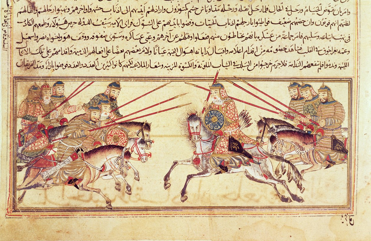 Taistelu mongoliheimojen välillä, luultavasti Rashid al-Dinin "Jami" al-Tawarikhista, n. 1307 (vellum) tekijältä Islamic School