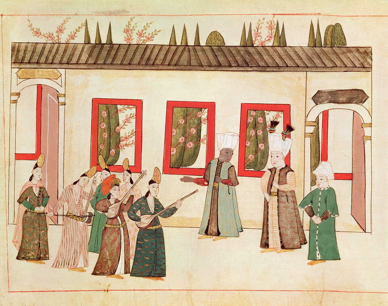 Ms 1671 Sulttaani suosikkinsa kanssa muusikoiden ja laulajien kanssa, n. 1580 tekijältä Islamic School