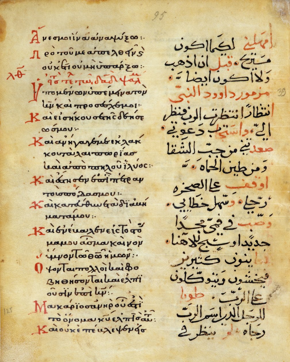 Ms C-868 f.95 Profeetta Daavidin psalmit (pergamentti), kreikkaa ja arabiaa. tekijältä Islamic School