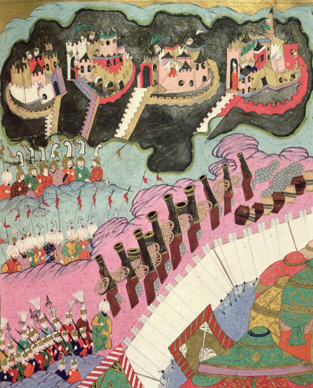 Kristityn linnoituksen piiritys, yksityiskohta tykistöstä, Lokmanin kuvitus teoksesta "The Military Campaigns of Suleyman I (1494-1566) the Magnificent" (Hunername). tekijältä Islamic School
