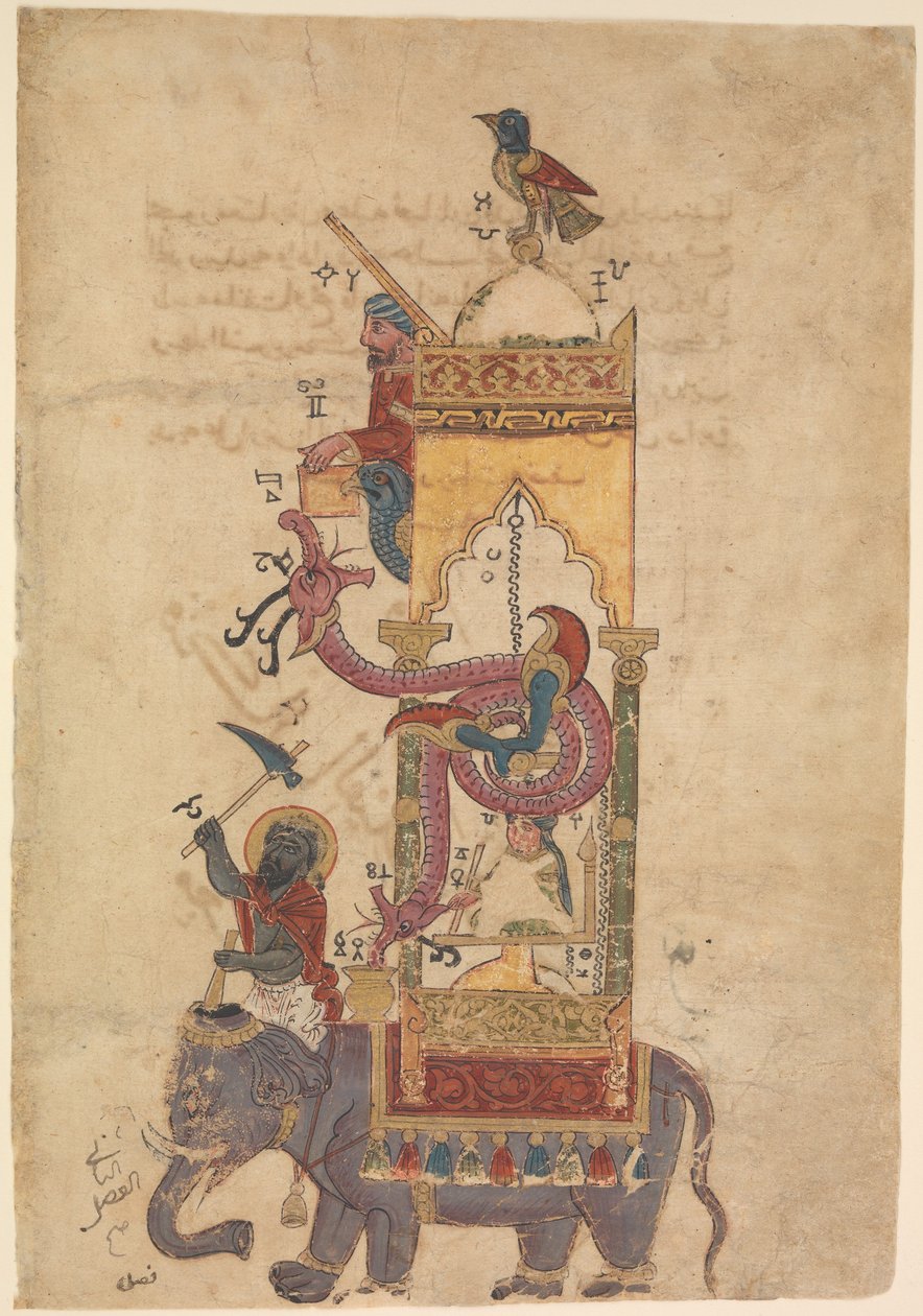 Elefanttikello al-Jazarin kirjasta nerokkaiden mekaanisten laitteiden tiedosta, 1315 (muste, läpinäkymätön akvarelli ja kulta paperille) tekijältä Islamic School