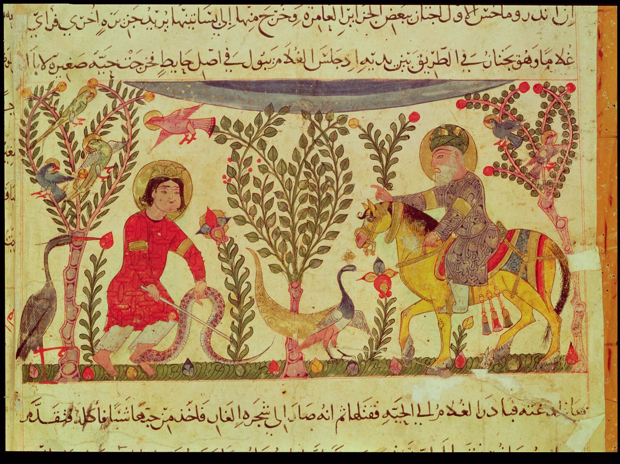 Lääkäri, joka auttaa käärmeen puremaa miestä, käsikirjoitus Dioscoriden tutkielmasta, 1200-luku tekijältä Islamic School
