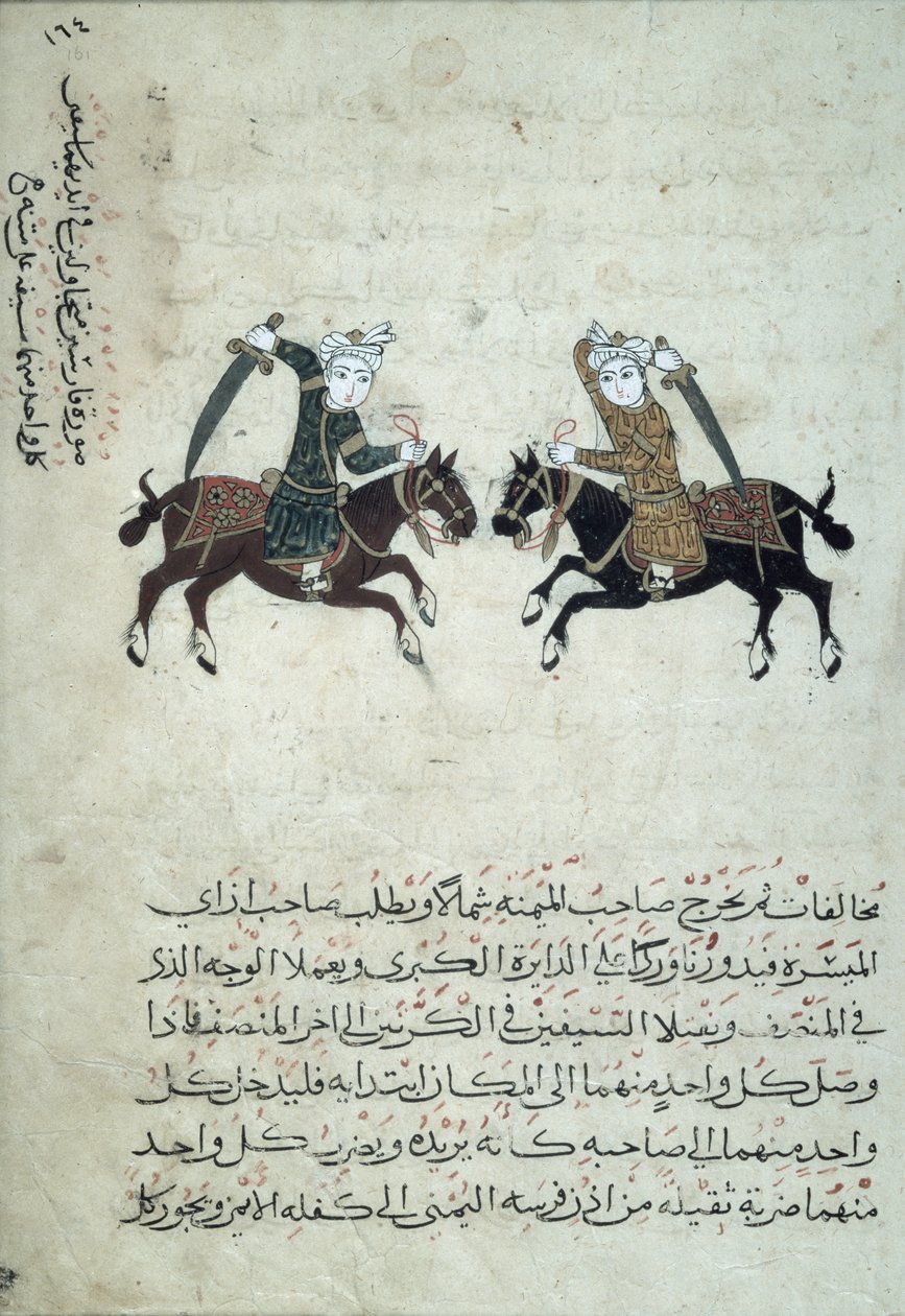CBL Ar 5655.161 Kaksi miekkamiestä, kuva kopiosta Nihayat al-Sul wa al-Umniya fi Taallum Amal al-Furusiyya, eli sotataiteen kokoelma, Egyptistä, 1366 tekijältä Islamic School