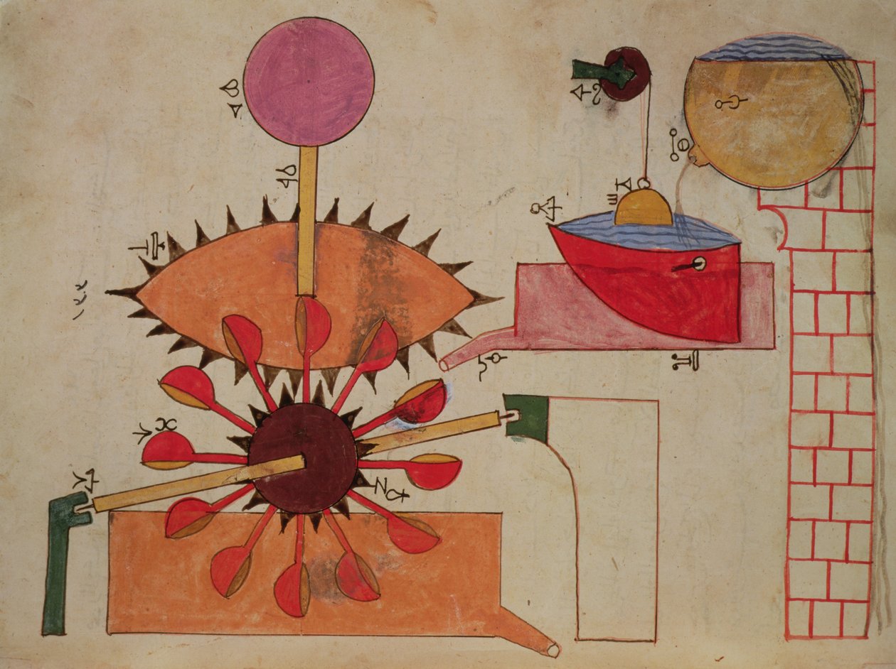 Kaavio järjestelmästä veden pumppaamiseksi altaaseen, Al-Jazarin teoksesta Book of Knowledge of Genious Mechanical Devices, 1206 tekijältä Islamic School
