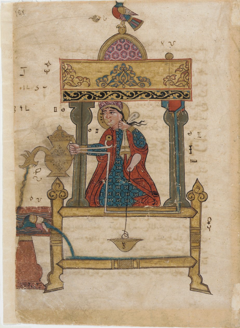 Käsienpesuautomaatti huuhtelumekanismilla, folio kirjasta The Book of Genious Mechanical Devices; Al-Djazari, 1315 (läpinäkymätön wc, muste ja kulta paperille) tekijältä Islamic School