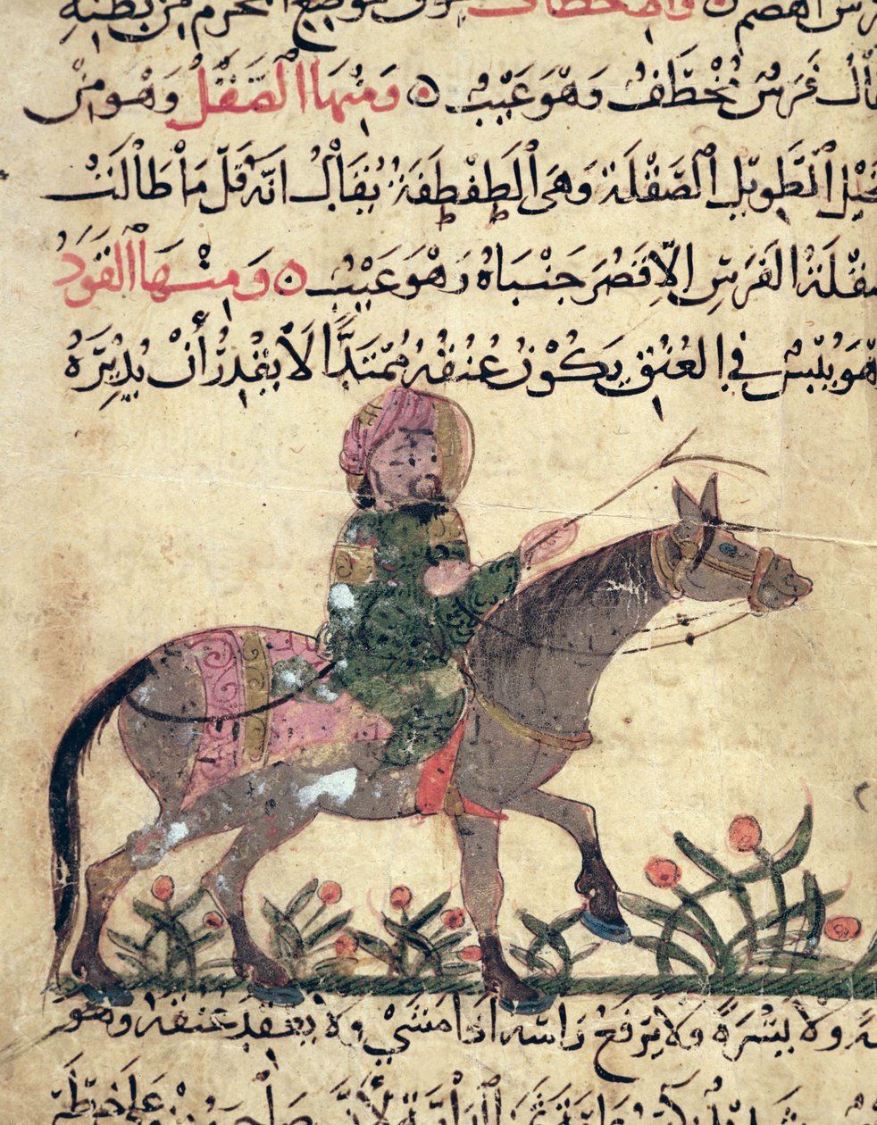 Hevonen ja ratsastaja, kuvitus Ahmed ibn al-Husayn ibn al-Ahnafin kirjasta Farriery, 1210 tekijältä Islamic School