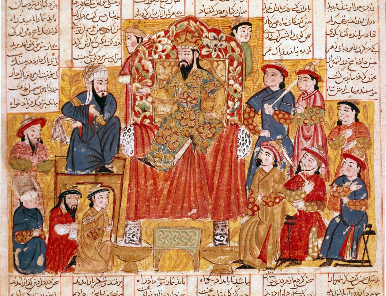 Islamilainen taide: "" Sulttaani ja hänen hovinsa"" Persialainen miniatyyri Ferdowsin (Firdawsi tai Ferdawsi tai Firdousi) eeppisen runon "" Shahnameh"" (Shah Nama, Shahnama) (Kuninkaiden kirja) käsikirjoituksesta. 940-noin 1020) Noin 1330 Topkapi-museo, I tekijältä Islamic School
