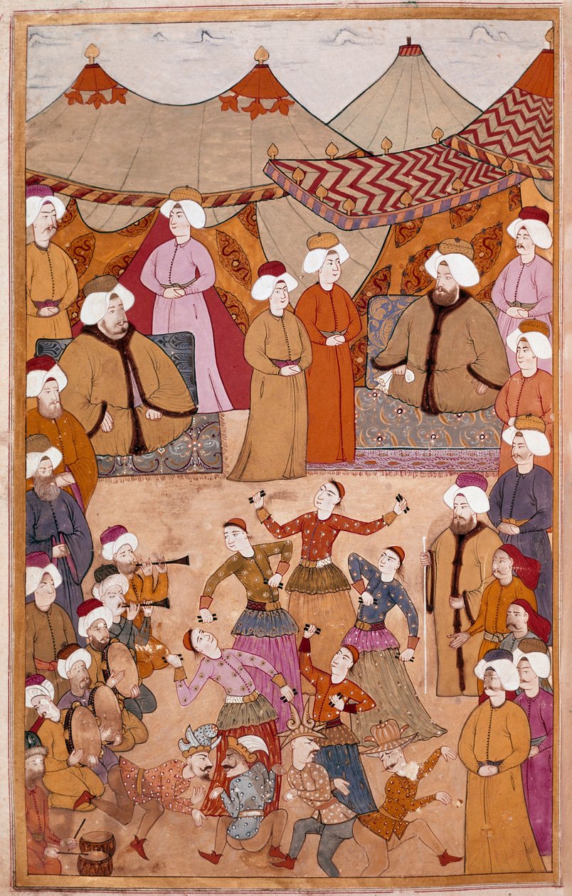 Islamilainen taide: "" Tanssi sulttaani Ahmet III:n (1673-1736) iloksi"" Guassi Levni-paperille "" Surnamasta"" (lempinimi i) Vehbi) Debyytti 1700-luvun Topkapi Saray -museo, Istanbul tekijältä Islamic School