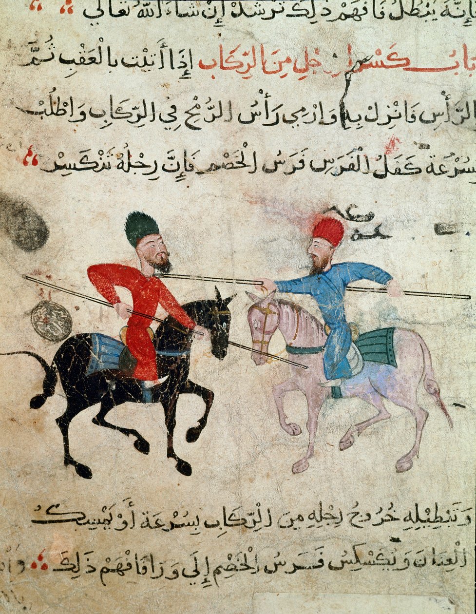 Islamilainen taide: Piirustus pergamentille Fatimid-ajalta (10-1100-luku) - Kahden ratsumiehen kaksintaistelukohtaus - Papyruksen maalaus - Kairo, Islamilaisen taiteen museo tekijältä Islamic School