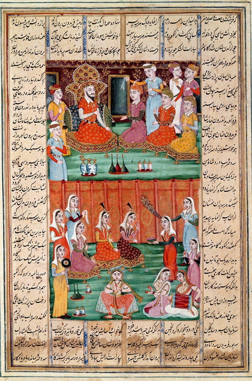Islamilainen taide: "" Jemenin kuninkaan Seron kolmen tyttären avioliitto"" Persialainen miniatyyri Ferdowsin (Firdawsi tai Ferdawsi) eeppisen runon "" Shahnameh"" (Shah Nama, Shahnama) (Kuninkaiden kirja) käsikirjoituksesta , tai Firdousi, noin 940 - noin tekijältä Islamic School