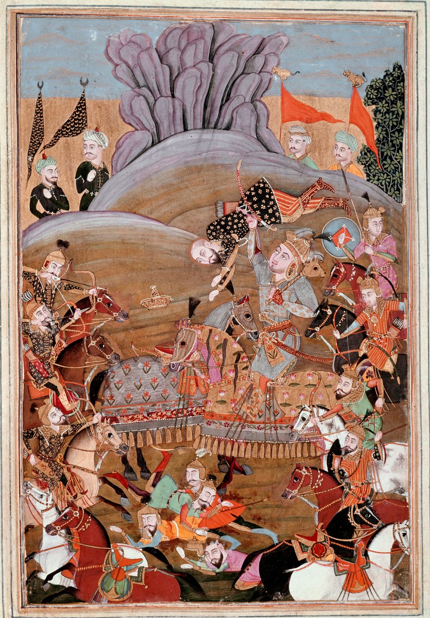 Islamilainen taide: "" Rustamin ensimmäinen taistelu Afrasiabia vastaan"" Persialainen miniatyyri Ferdowsin (Firdawsi tai Ferdawsi tai Firdousi) eeppisen runon "" Shahnameh"" (Shah Nama, Shahnama) (Kuninkaiden kirja) käsikirjoituksesta . 940 - noin 1020) ( tekijältä Islamic School
