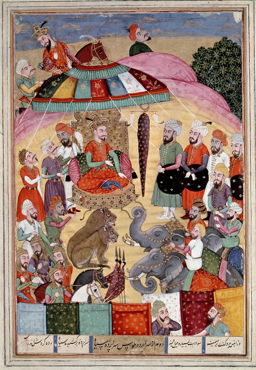 Islamilainen taide: "" Sohrab (Saharab) kuninkaan teltan edessä"" Persialainen miniatyyri Ferdowsin (Firdawsi tai Ferdawsi) eeppisen runon "" Shahnameh"" (Shah Nama, Shahnama) (Kuninkaiden kirja) käsikirjoituksesta, tai Firdousi, noin 940 - noin 1020) (ms. tekijältä Islamic School