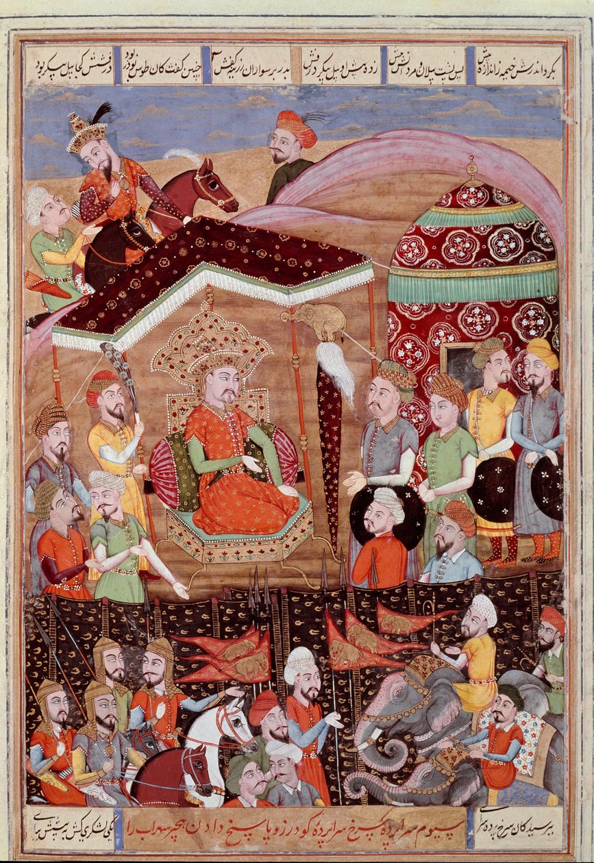 Islamilainen taide: "" Sohrab (Saharab) katsoo Persian armeijan johtajien mustaa telttaa""" Persialainen miniatyyri eeppisen runon "" Shahnameh" käsikirjoituksesta" (Shah Nama, Shahnama) (Kuninkaiden kirja) kirjoittanut Ferdowsi (Firdawsi tai Ferdawsi tai  tekijältä Islamic School