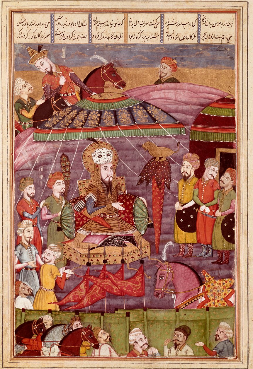Islamilainen taide: "" Sohrab katselee isänsä Rostamen punaista telttaa"" Persialainen miniatyyri Ferdowsin (Firdawsi tai Ferdawsi) eeppisen runon "" Shahnameh"" (Shah Nama, Shahnama) (Kuninkaiden kirja) käsikirjoituksesta , tai Firdousi, noin 940 - noin 1 tekijältä Islamic School