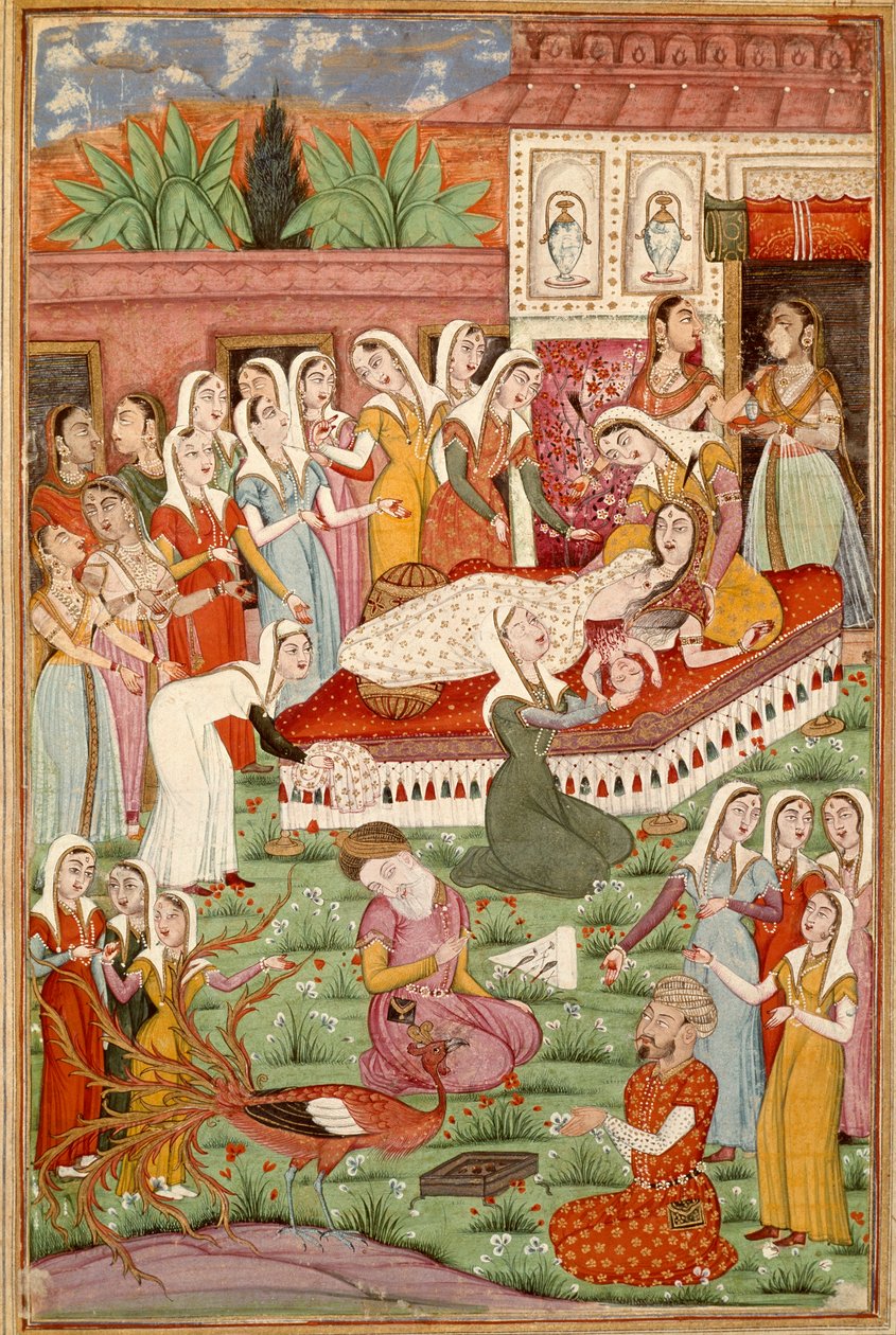 Islamilainen taide: "" Roustamin Cesarian syntymä""" Persialainen miniatyyri Ferdowsin (Firdawsi tai Ferdawsi tai Firdousi) eeppisen runon "" Shahnameh"" (Shah Nama, Shahnama) (Kuninkaiden kirja) käsikirjoituksesta, noin 940 - noin 1020) (ms. 607) Chantill tekijältä Islamic School