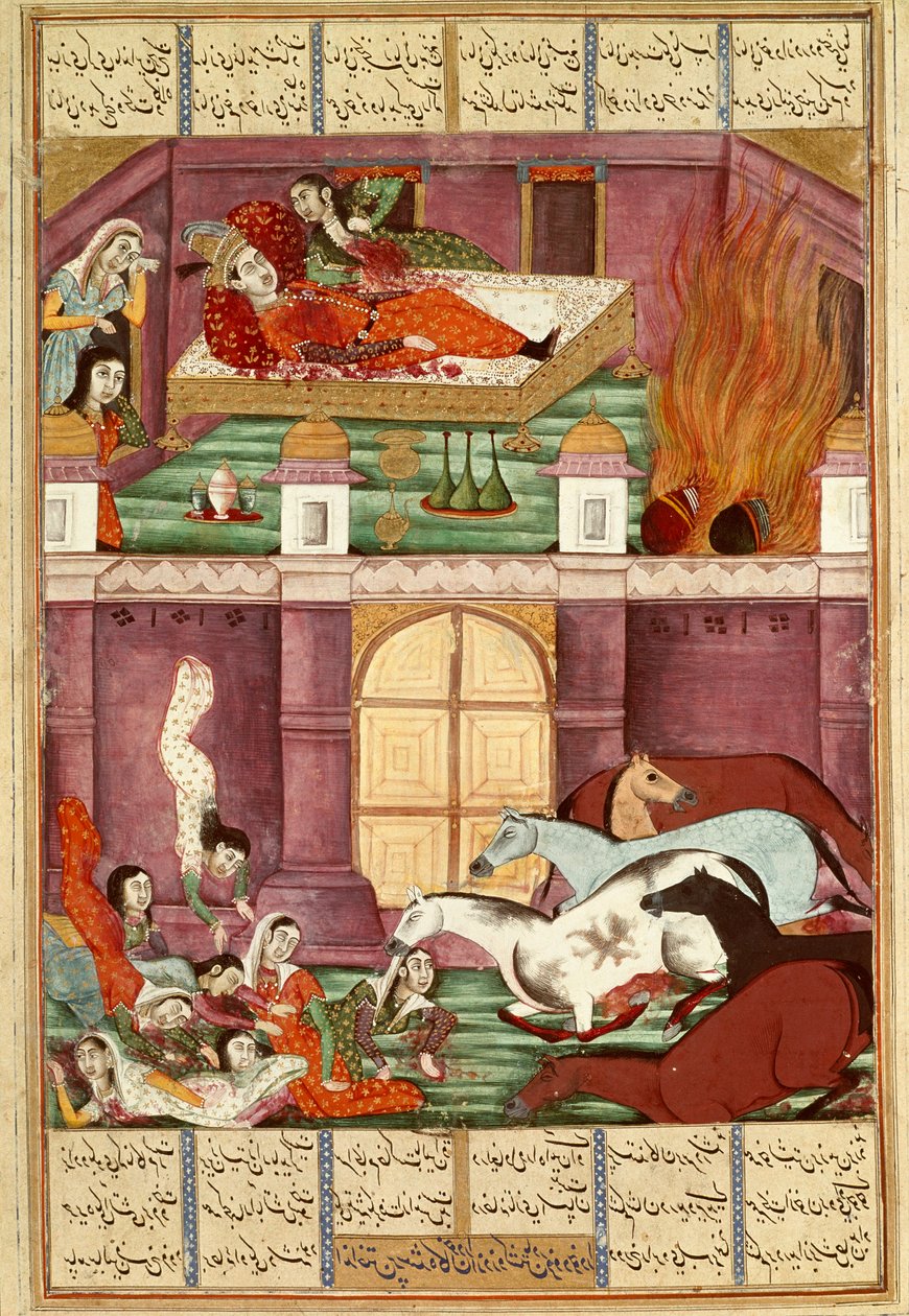 Islamilainen taide: "" Firoudin ja hänen äitinsä Djerirehin kuolema"" Persialainen miniatyyri Ferdowsin (Firdawsi tai Ferdawsi tai Firdousi) eeppisen runon "" Shahnameh"" (Shah Nama, Shahnama) (Kuninkaiden kirja) käsikirjoituksesta , noin 940 - noin 1020)  tekijältä Islamic School