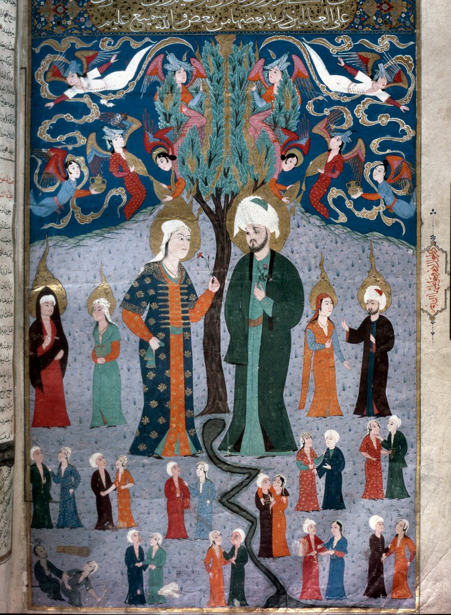 Islamilainen esitys Adamista ja Eevasta Miniatyyri historioitsija Seyyid Loqman Ashurin käsikirjoituksesta "Zubdat al Tawarikh" (Zubdat al Tawarikh) (Tarinoiden kerma) 1538. Turkkilainen ja islamilainen taidemuseo Istanbulissa tekijältä Islamic School