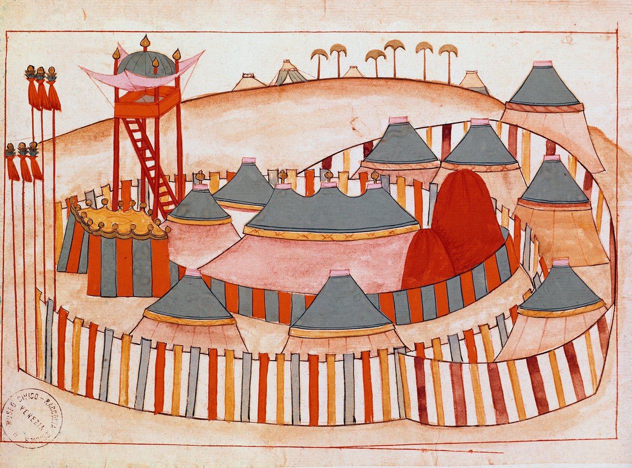 Turkkilaisten sotilasleiri guassi islamilaisen koulun paperilla (Ms 1671) 1500-luvun Venetsian museo Correr tekijältä Islamic School