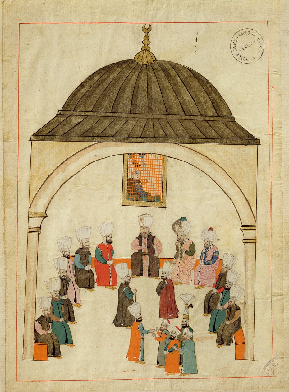 Ms. cicogna 1971, miniatyyri "Memory Turchesesta", joka kuvaa keisarillista salia Topkapin palatsissa, Konstantinopolissa, n. 1580 tekijältä Islamic School