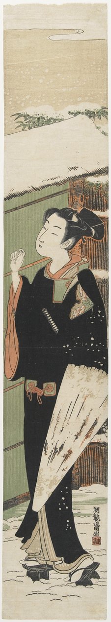 Nuori mies portilla Kabuki Playn naisten versio ruukkupuusta, 1770-1775 tekijältä Isoda Koryusai
