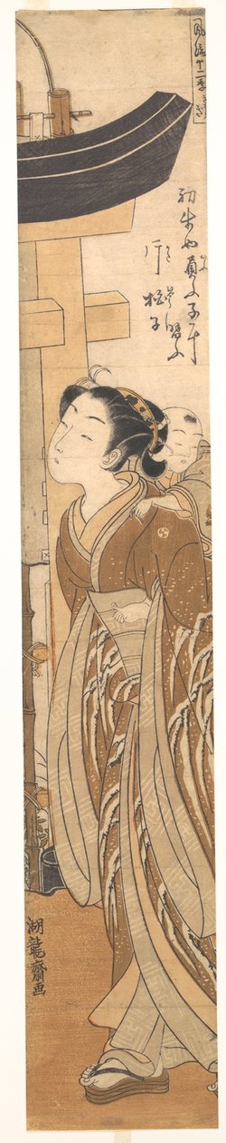 Eine Frau mit einem Kind auf dem Rücken nahe dem Eingang zu einem Tempel tekijältä Isoda Koryusai