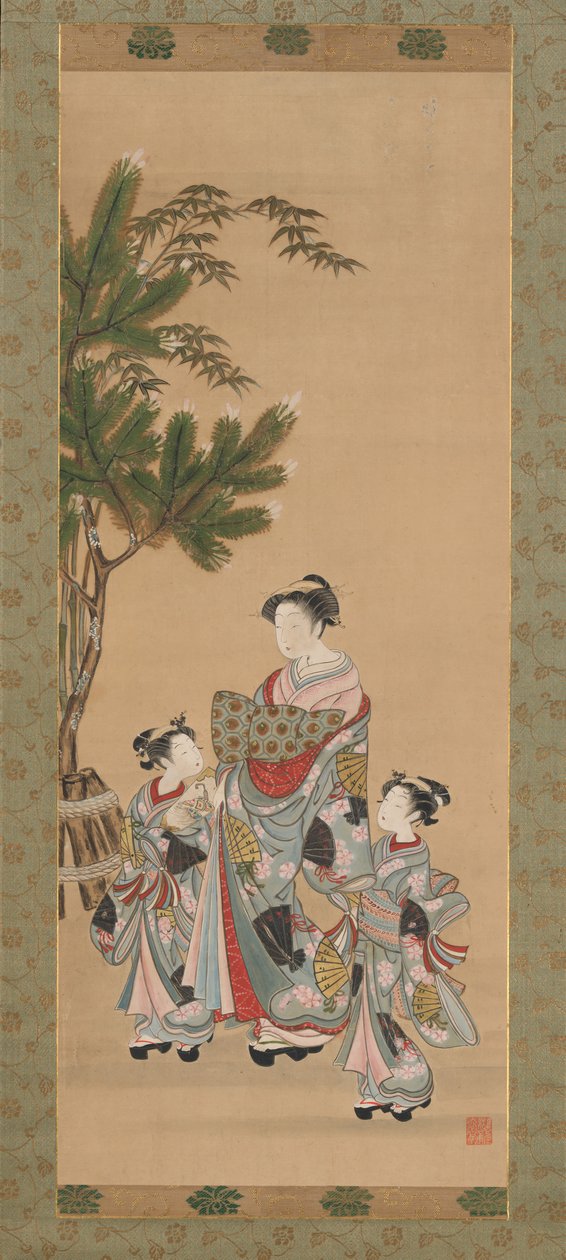 Kurtisaani ja kaksi hoitajaa uudenvuodenpäivänä, n. 1780-luku. tekijältä Isoda Koryusai
