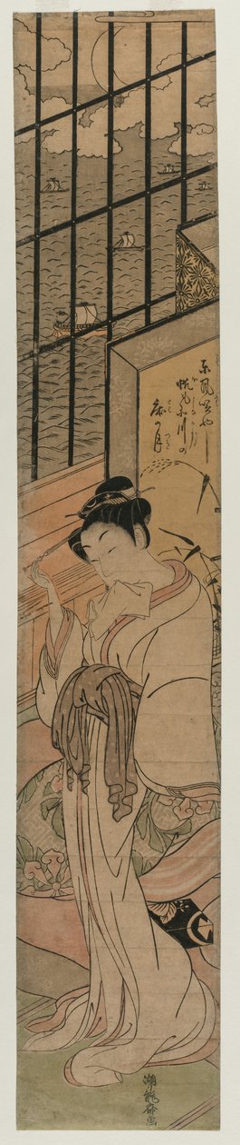 Courtesaani huoneessa, josta on näkymät Edo Baylle, c. 1770. tekijältä Isoda Koryusai
