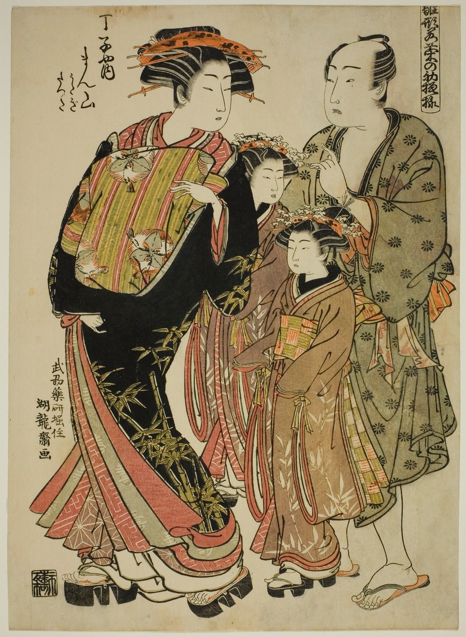 Manzan of the Chojiya, sarjasta "Models for Fashion: New Designs as Fresh as Young Leaves (Hinagata wakana no hatsu moyo)" tekijältä Isoda Koryusai
