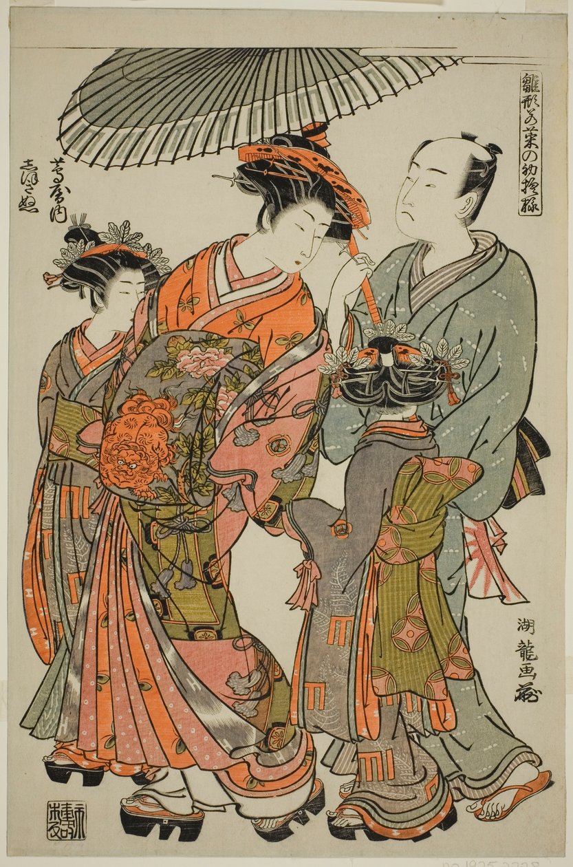 Shioginu of the Tsutaya, sarjasta "Models for Fashion: New Designs as Fresh as Young Leaves (Hinagata wakana no hatsu moyo)" tekijältä Isoda Koryusai