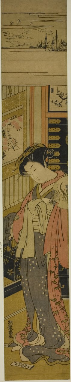 Chojiyan kurtisaani Kaoru katsoo alas rakkauskirjettä lattialla tekijältä Isoda Koryusai