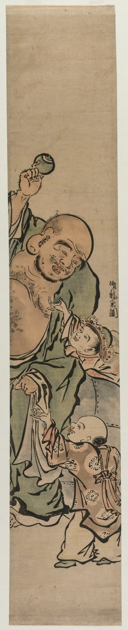 Kaksi lasta kerjäämässä Hoteilta jalokiviä, n. 1770-luku. tekijältä Isoda Koryusai