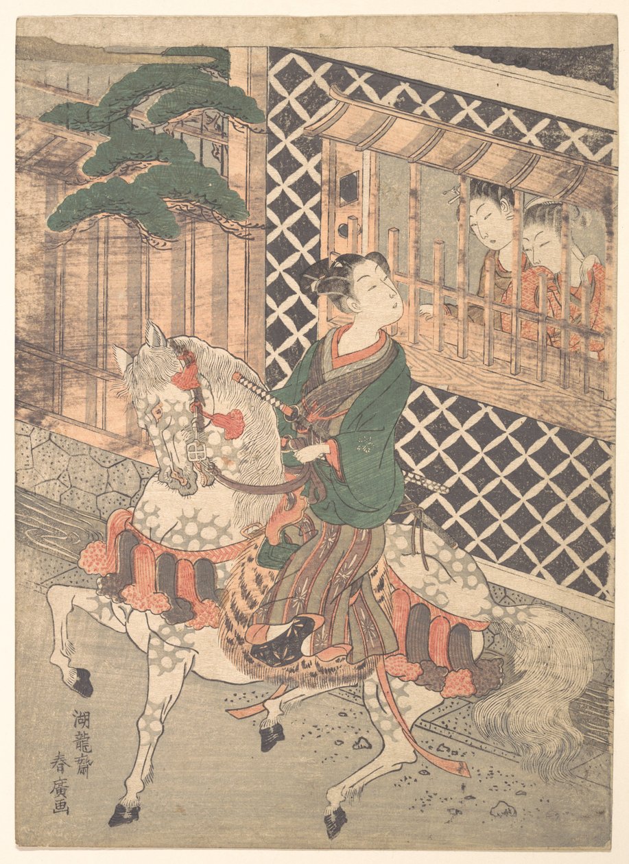 Nuori samurai ratsain ja naisia ikkunassa tekijältä Isoda Koryusai
