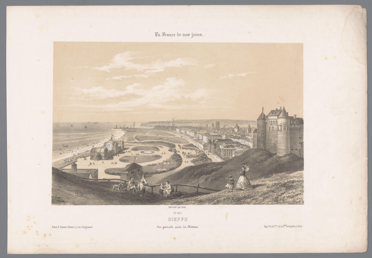 Näkymä Dieppeen linnasta Dieppe. Vue générale prize du Château (nimi esineessä) Contemporary France (sarjan nimi) La France de nos jours (sarjan nimi esineellä) tekijältä Isodore Laurent Deroy