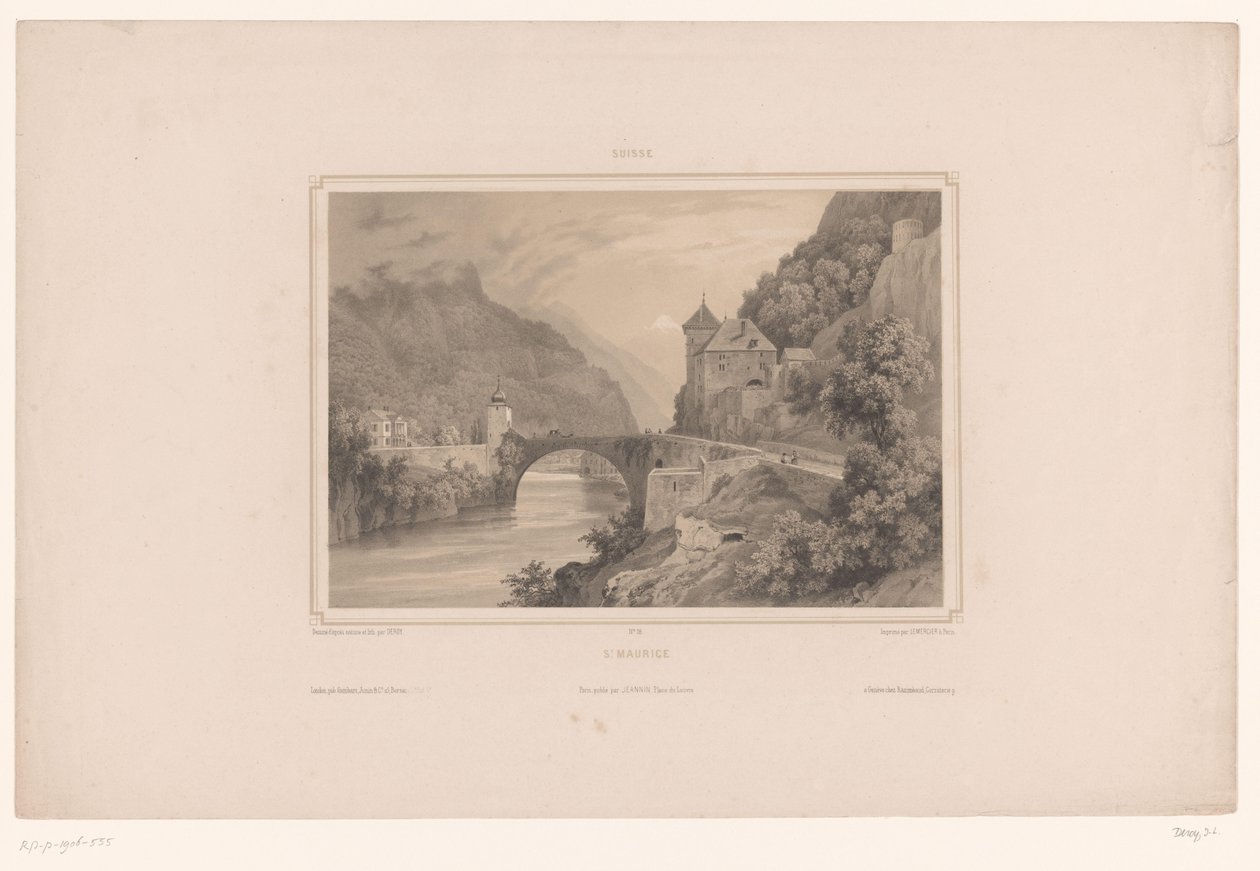 Näkymä Saint-Mauricesta Sveitsissä St. Maurice (otsikko esineessä) Kasvot Sveitsissä (sarjan nimi) Suisse (sarjan nimi esineellä) tekijältä Isodore Laurent Deroy