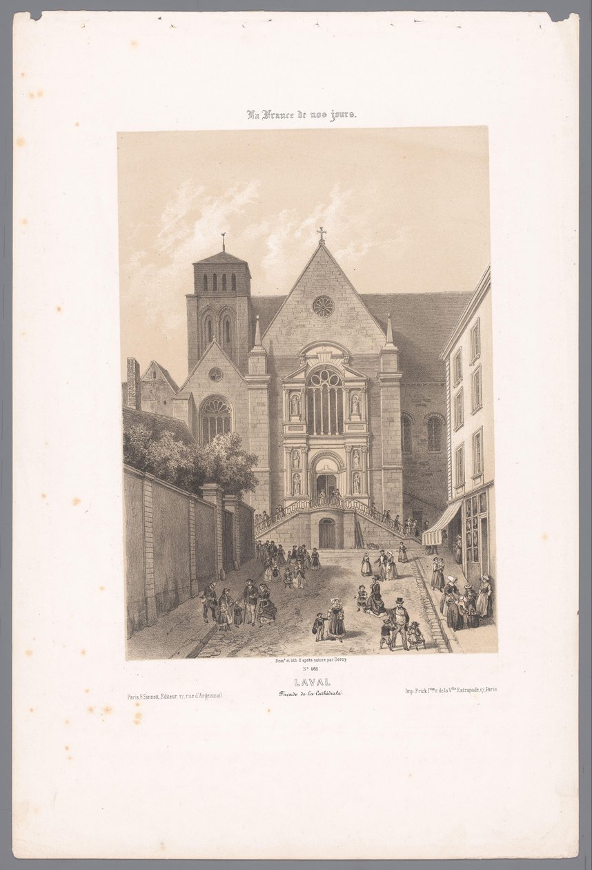 Näkymä Lavalin Sainte-Trinité-katedraalille laava. Façade de la Cathédrale (otsikko esineessä) Contemporary France (sarjan nimi) La France de nos jours (sarjan nimi esineellä) tekijältä Isodore Laurent Deroy