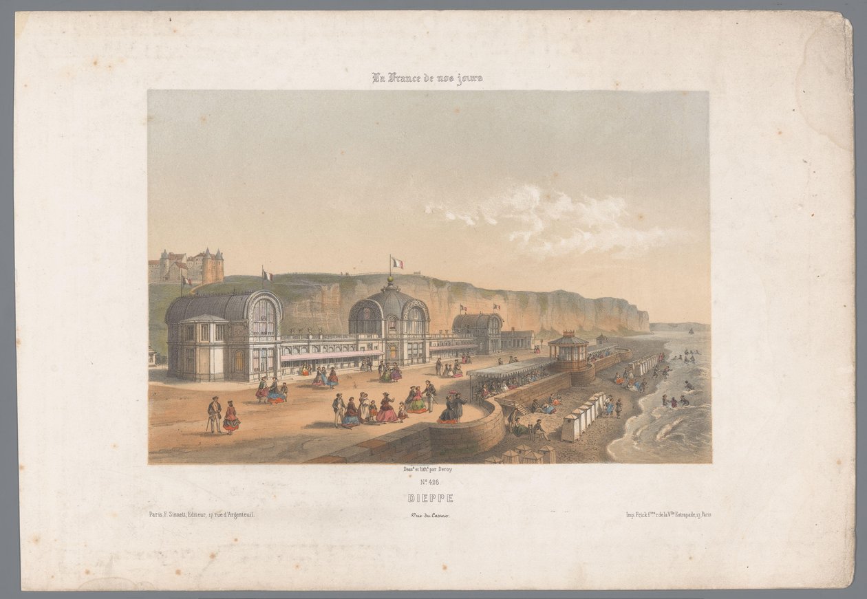 Näkymä Dieppen kasinolle Dieppe. Vue de Casino (nimi esineessä) Contemporary France (sarjan nimi) La France de nos jours (sarjan nimi esineellä) tekijältä Isodore Laurent Deroy