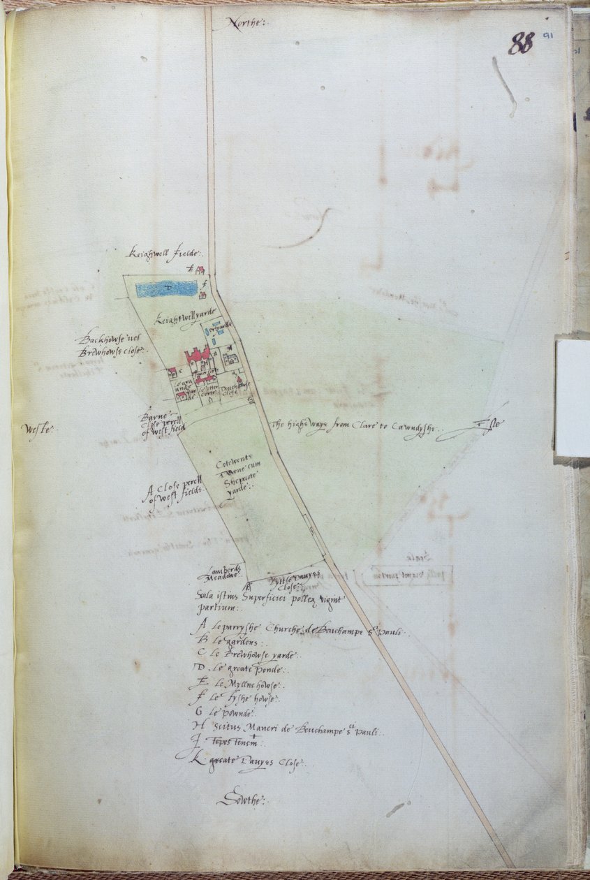 Ms 255171 fol.88 Kartta Belchamp St. Paulin kylästä, 1576 kynä ja muste ja wc paperilla tekijältä Israel Amyce