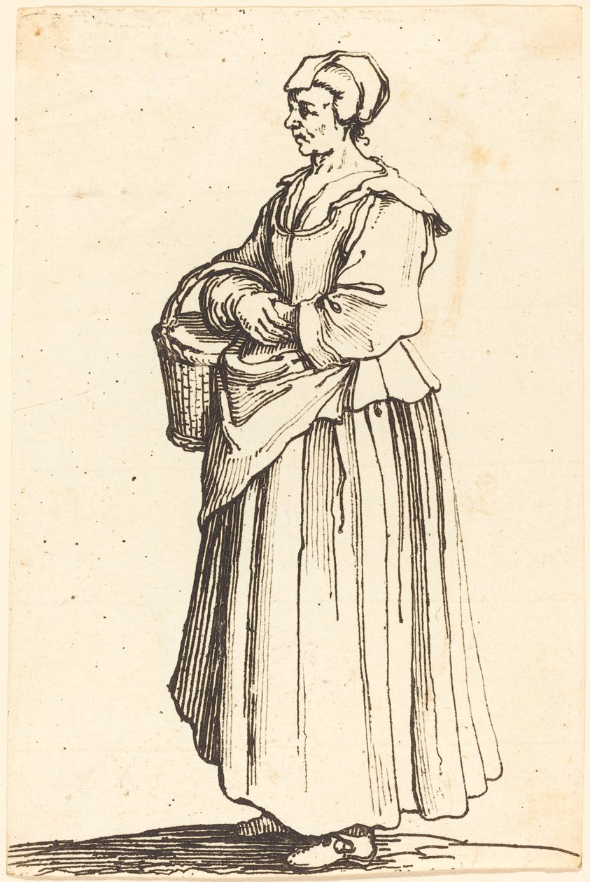 Talonpoikanainen, jolla on kori, profiilissa, kasvot vasemmalle tekijältä Israel Henriet after Jacques Callot