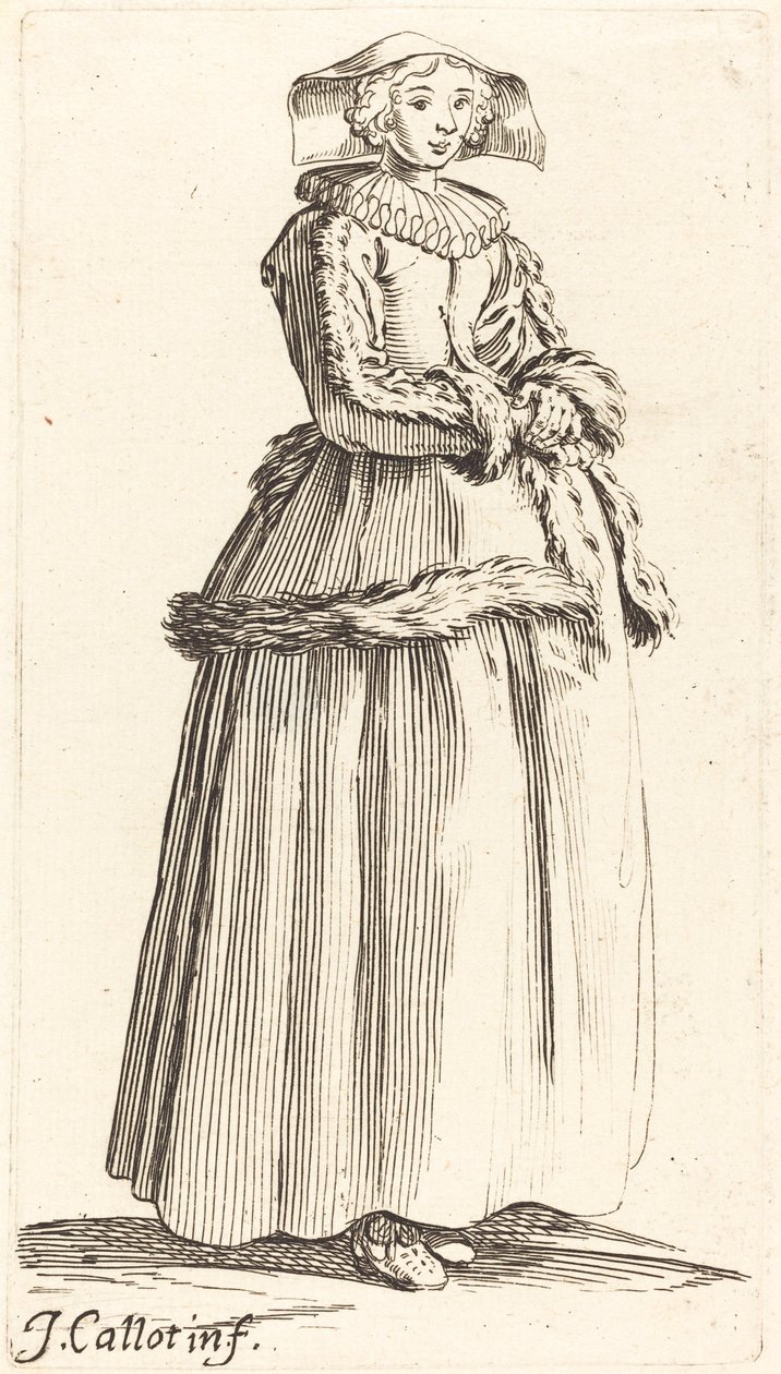Nuori nainen kädet ristissä, kasvot oikealle tekijältä Israel Henriet after Jacques Callot