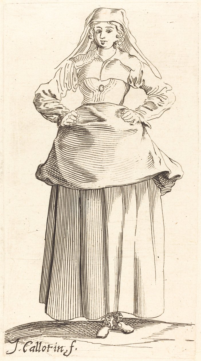 Nuori nainen kädet lantiolla, näkymä edestä tekijältä Israel Henriet after Jacques Callot