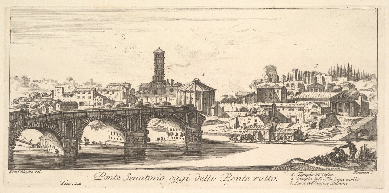 Senatorial Bridge, nykyään nimeltään Ponte Rotto (Broken Bridge), n.1748 (kaiverrus) tekijältä Israël Silvestre