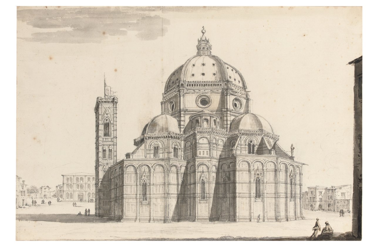 Duomo ja Campanile, Firenze (musta liitu, kynä ja harmaa muste, ruskea ja harmaa pesu paperille vesileimalaitteella) tekijältä Israel the Younger Silvestre