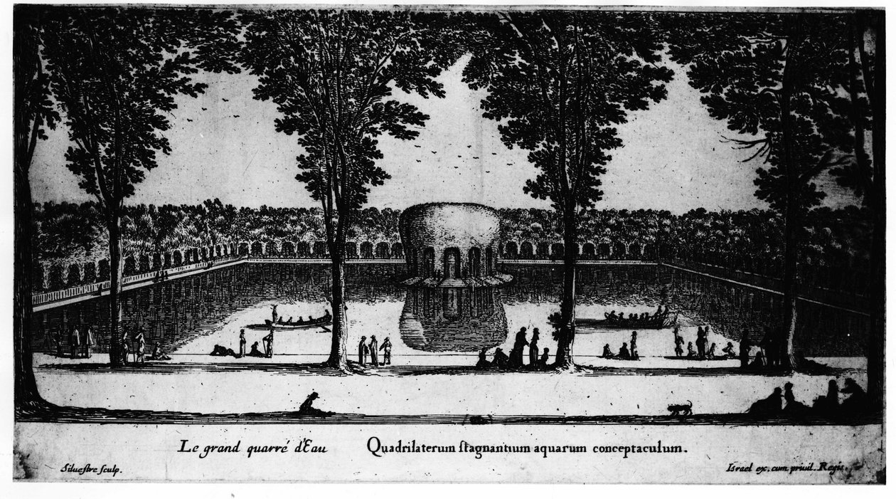 Château de la Rochefoucauldin suuri vesiaukio Liancourtissa; Israelin toimesta. tekijältä Israel the Younger Silvestre