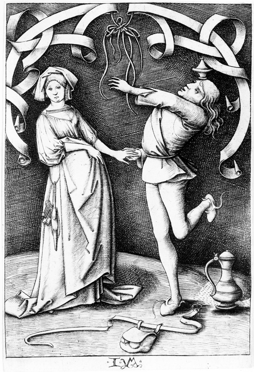 Jonglööri ja nainen, n. 1495-1503 tekijältä Israhel van Meckenem the younger