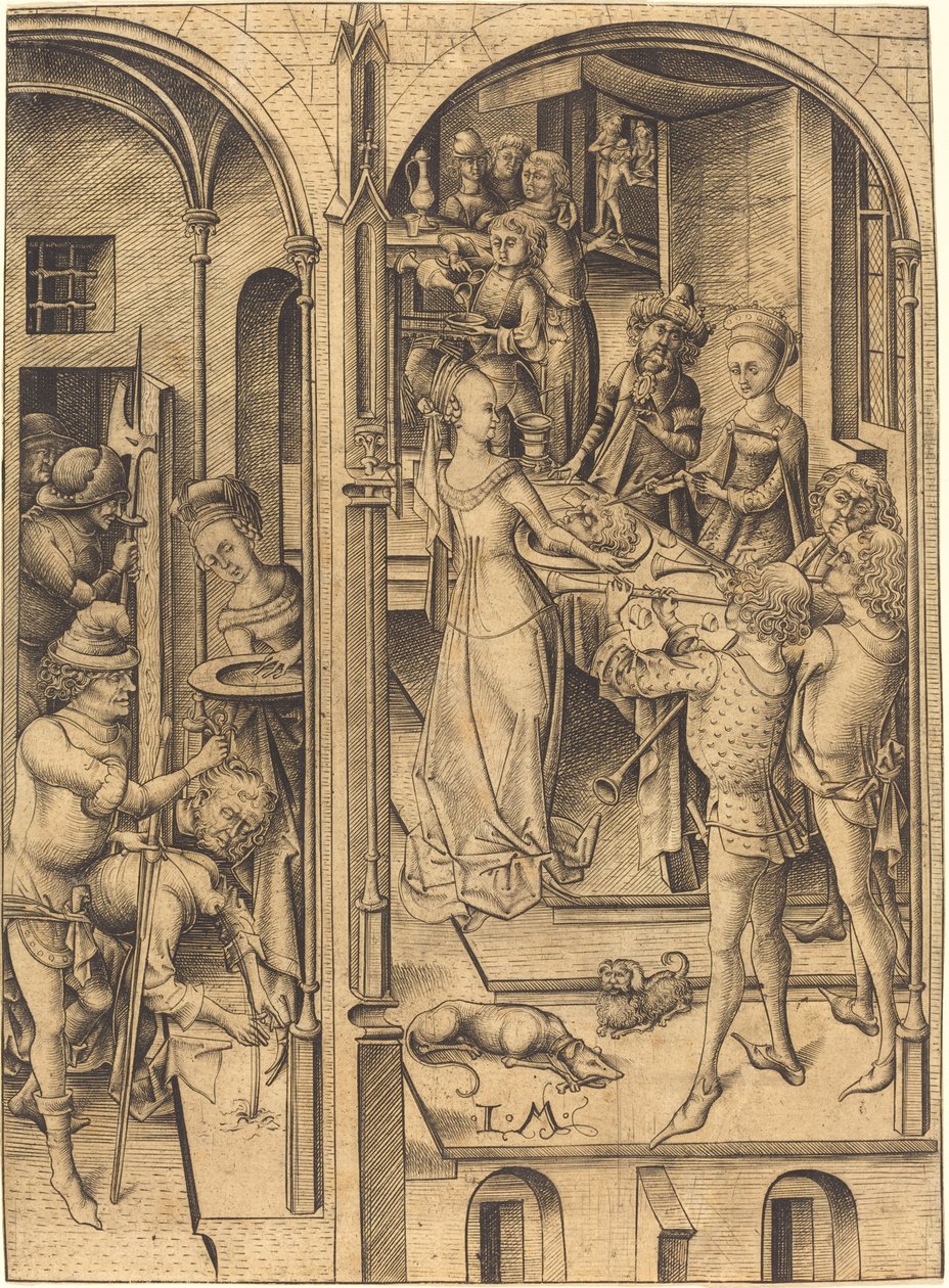 Pyhän Johannes Kastajan pään mestaus, n. 1480. tekijältä Israhel van Meckenem