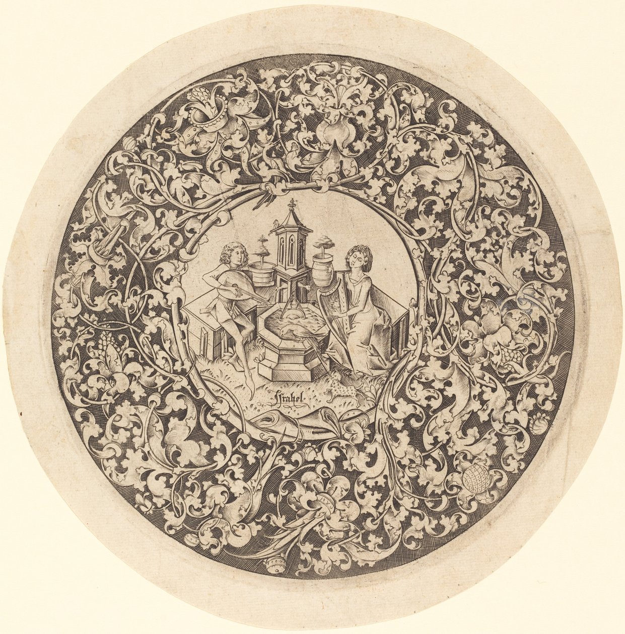 Pyöreä koriste, jossa muusikot soittavat kaivon lähellä, c. 14951503. tekijältä Israhel van Meckenem