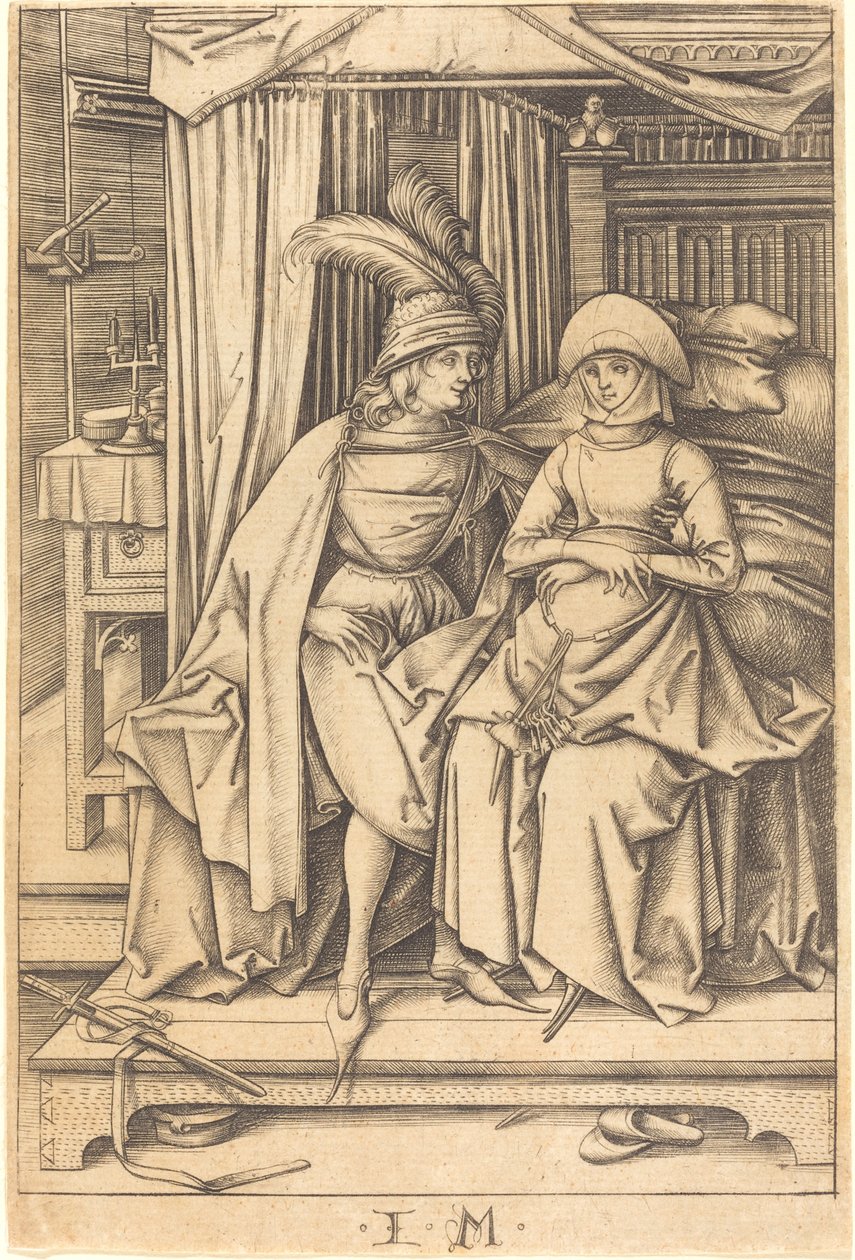 Pari istuu sängyllä, c. 14951503. tekijältä Israhel van Meckenem