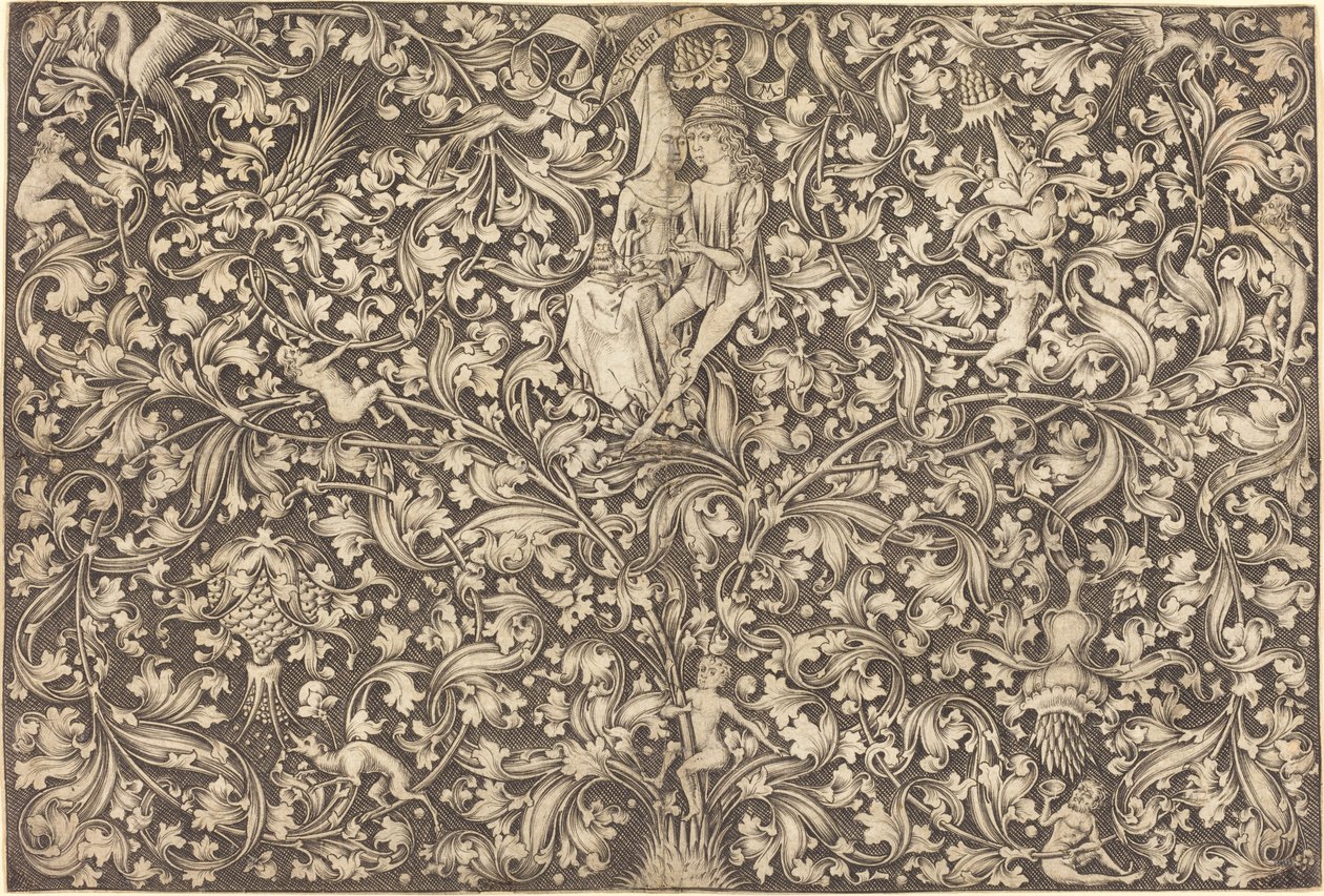 Ornamenttipaneeli, jossa on kaksi rakastajaa, c. 14901500. tekijältä Israhel van Meckenem