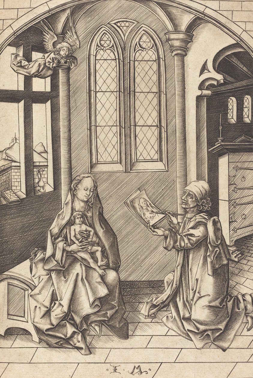 Pyhä Luukas piirtää neitsyen muotokuvan, n. 1475. tekijältä Israhel van Meckenem